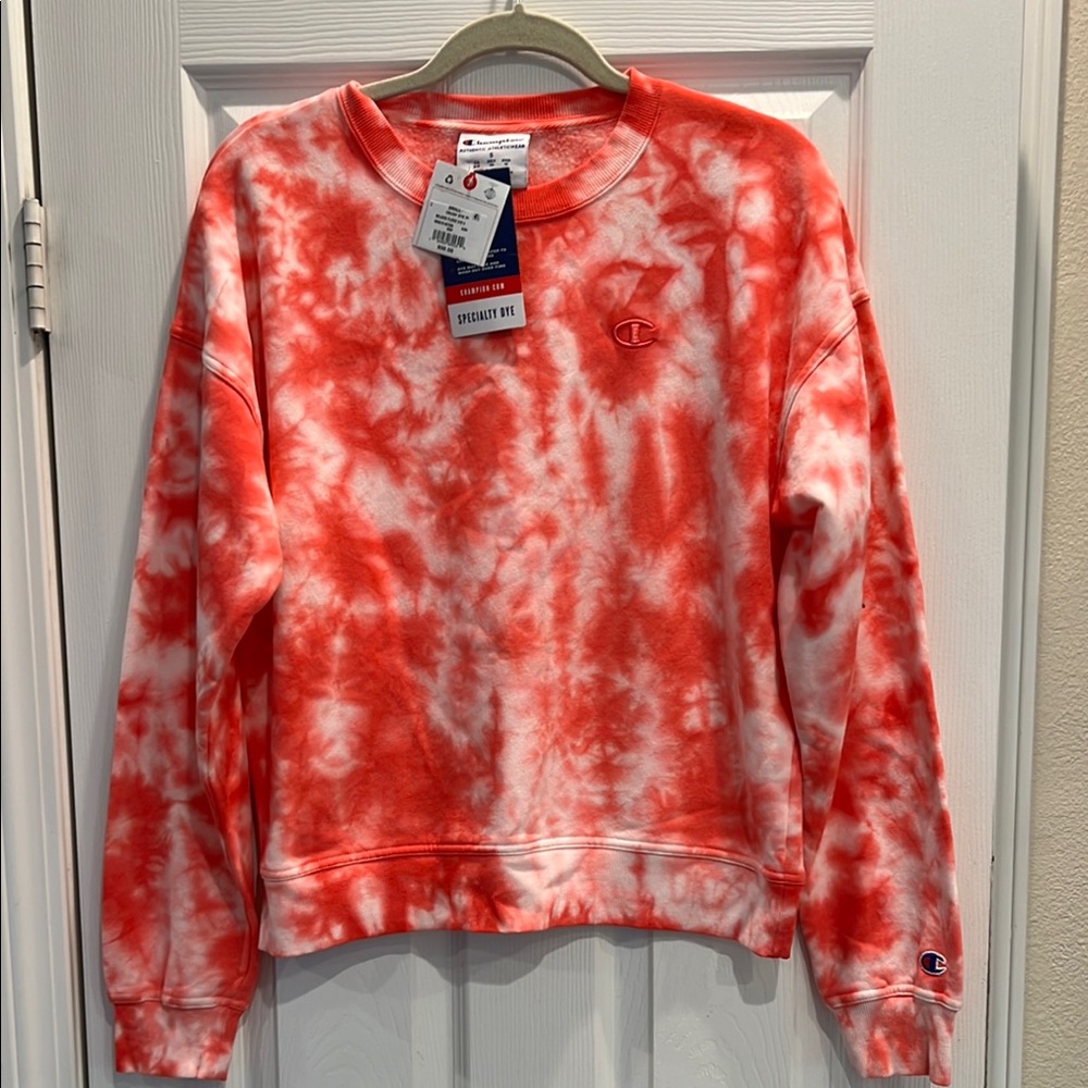 Champion Orange/Pink and White Tie-Dye Crewneck Sweatshirt
